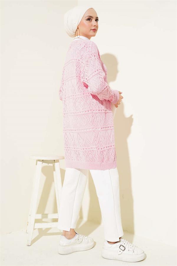 Pink Patterned Knit Cardigan with Tie Back