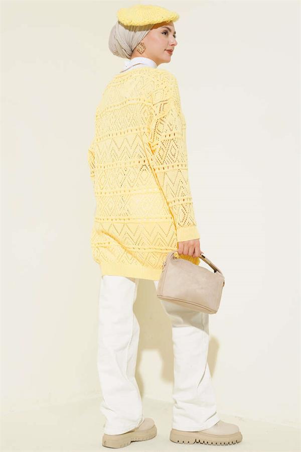 Patterned Knit Cardigan with Tie Closure, Yellow