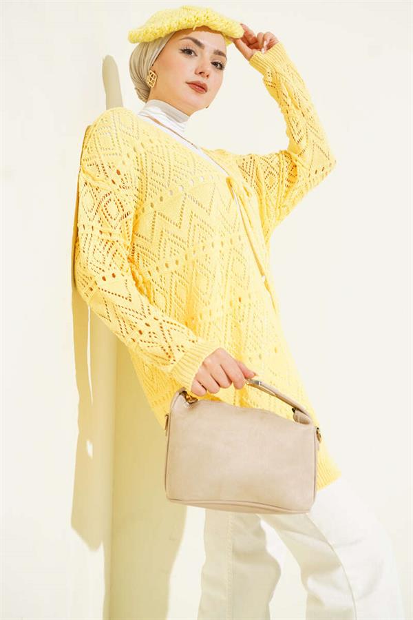 Patterned Knit Cardigan with Tie Closure, Yellow