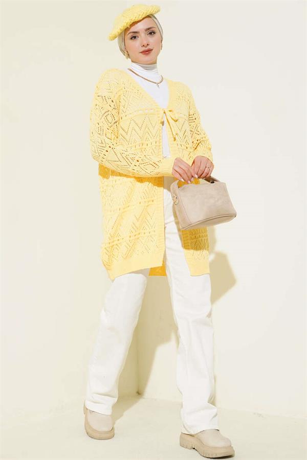 Patterned Knit Cardigan with Tie Closure, Yellow