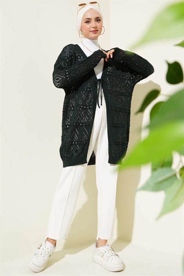Emerald Patterned Knit Cardigan with Tie Back
