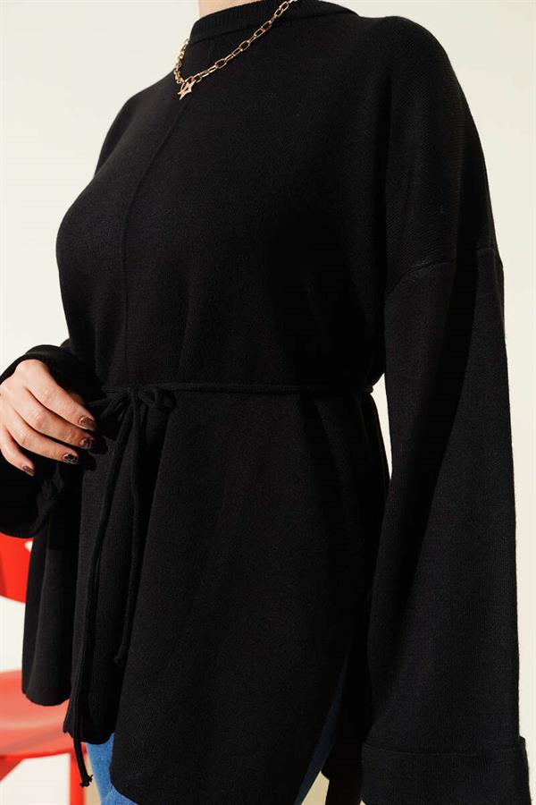 Black Double Sleeve Knitted Tunic with Tie Closure