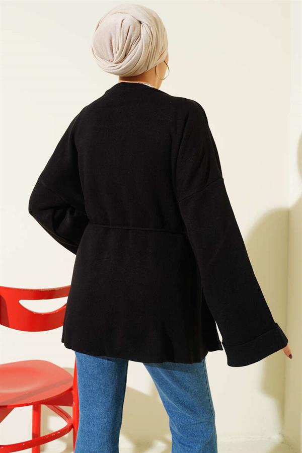 Black Double Sleeve Knitted Tunic with Tie Closure