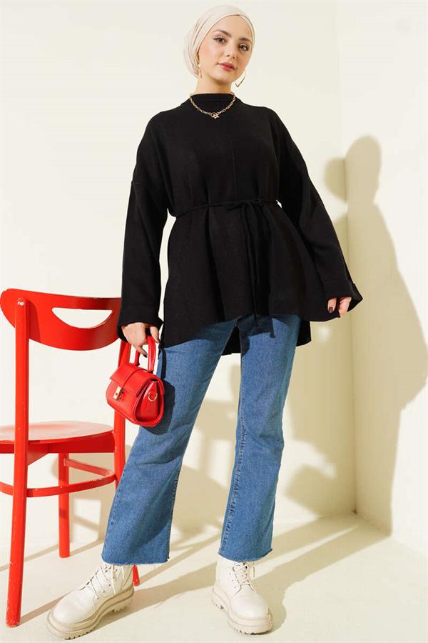 Black Double Sleeve Knitted Tunic with Tie Closure
