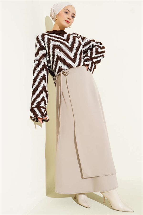 Rope Tied Flared Scuba Skirt Beige