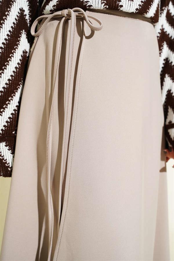 Rope Tied Flared Scuba Skirt Beige