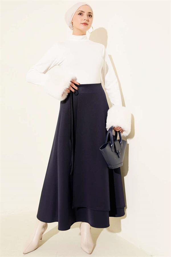Flared Scuba Skirt with Rope Tie Navy Blue