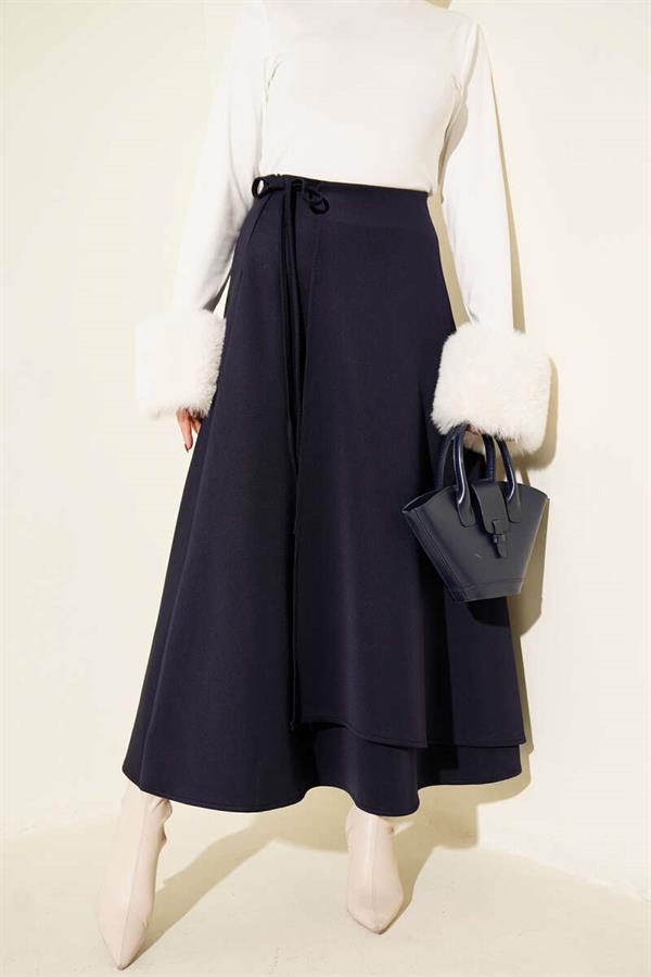 Flared Scuba Skirt with Rope Tie Navy Blue