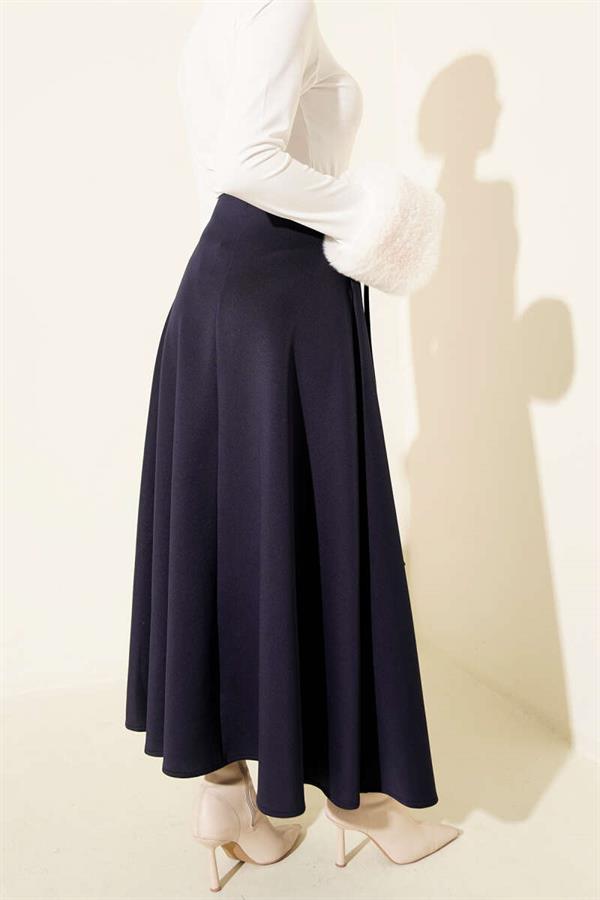 Flared Scuba Skirt with Rope Tie Navy Blue