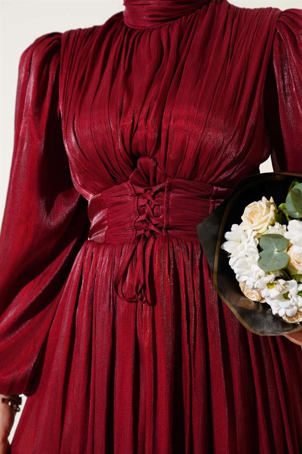 String Pleated Evening Dress Burgundy