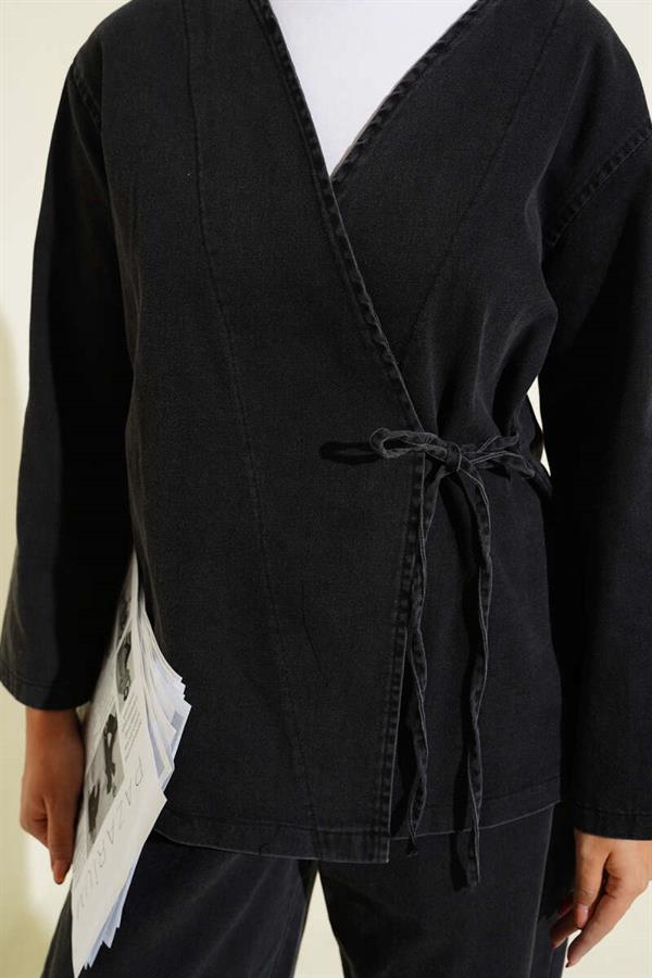 Rope-Tied V-Neck Denim Two-Piece Set Anthracite