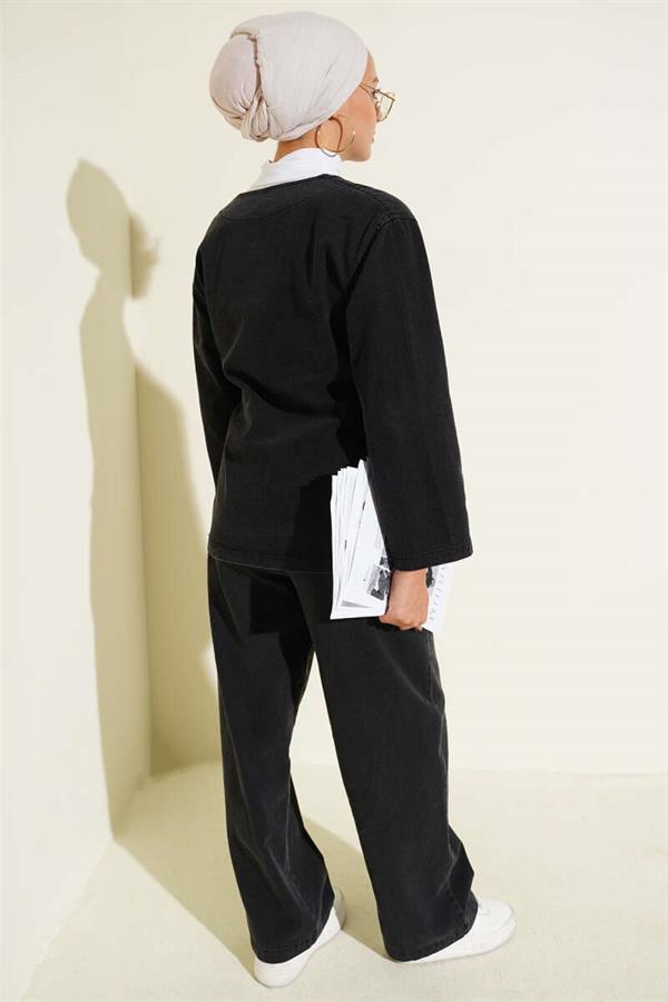 Rope-Tied V-Neck Denim Two-Piece Set Anthracite