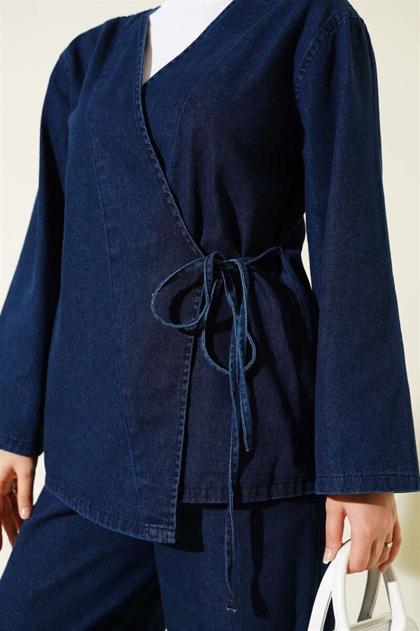 Rope-Tied V-Neck Denim 2 Piece Set Navy Blue