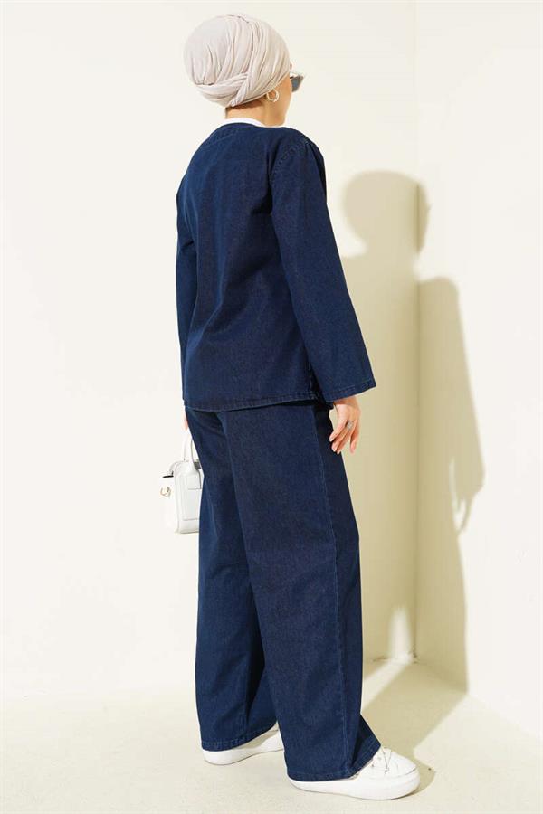 Rope-Tied V-Neck Denim 2 Piece Set Navy Blue