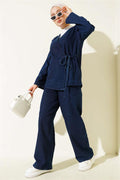 Rope-Tied V-Neck Denim 2 Piece Set Navy Blue