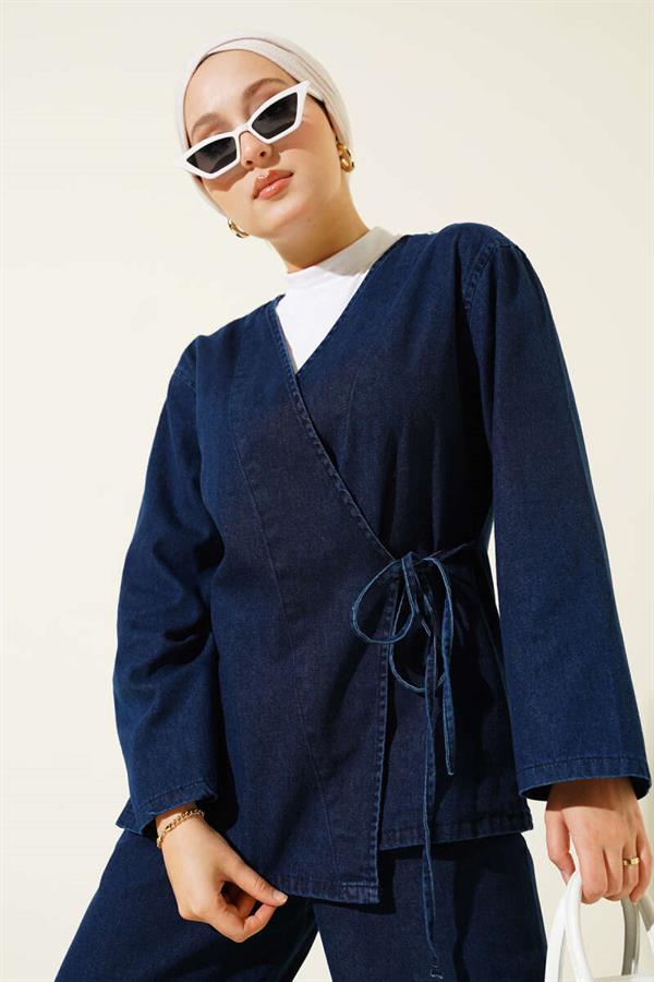 Rope-Tied V-Neck Denim 2 Piece Set Navy Blue