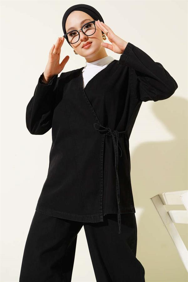 Rope-Tied V-Neck Denim 2 Piece Set Black