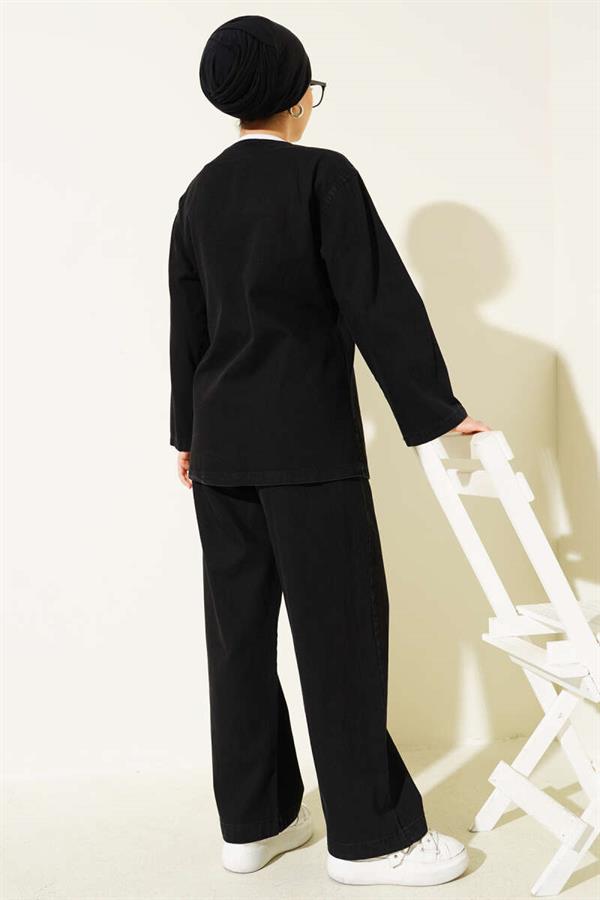 Rope-Tied V-Neck Denim 2 Piece Set Black