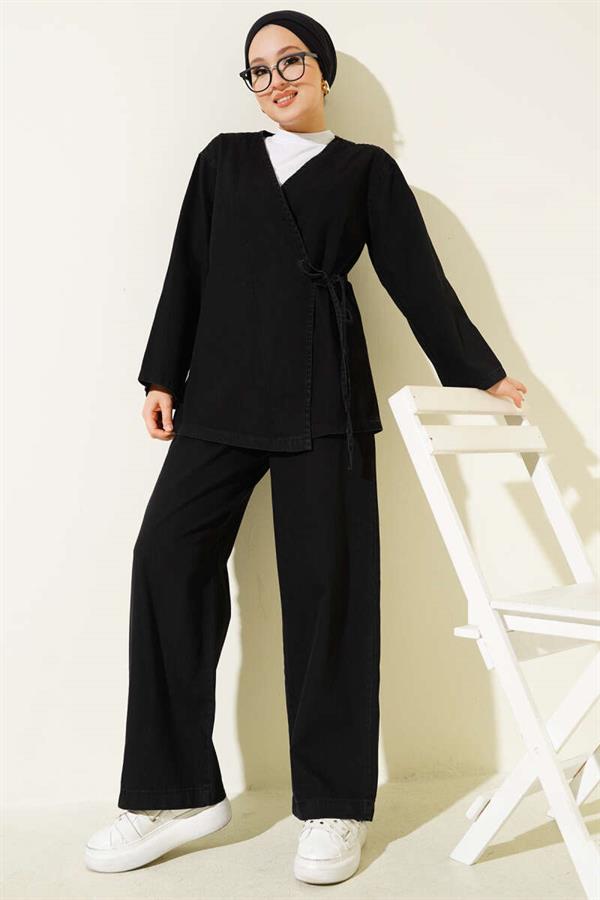 Rope-Tied V-Neck Denim 2 Piece Set Black