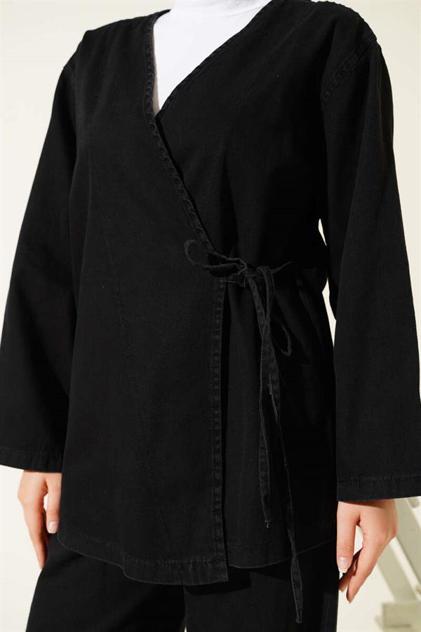 Rope-Tied V-Neck Denim 2 Piece Set Black