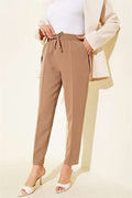 Beige Slim-Fit Trousers with Drawstring Detail and Elastic Waistband