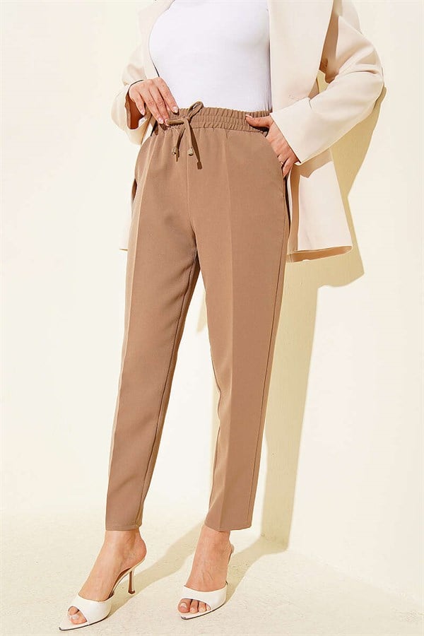Beige Slim-Fit Trousers with Drawstring Detail and Elastic Waistband