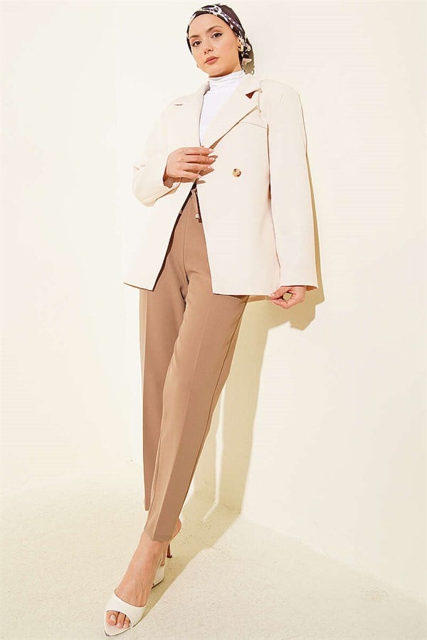 Beige Slim-Fit Trousers with Drawstring Detail and Elastic Waistband