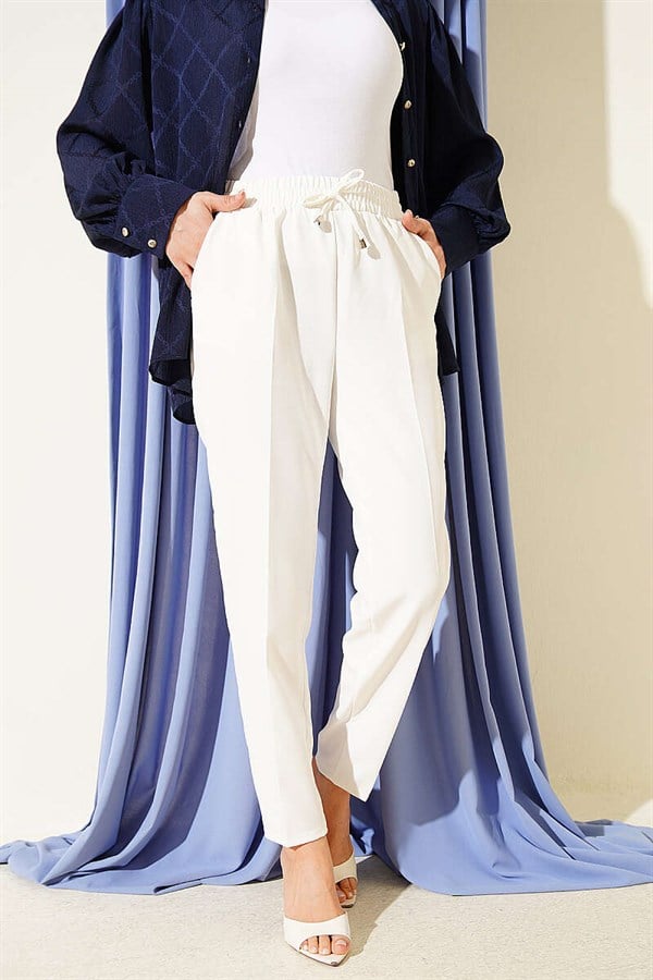 Drawstring Detail Elastic Waist Slim Fit Ecru Trousers