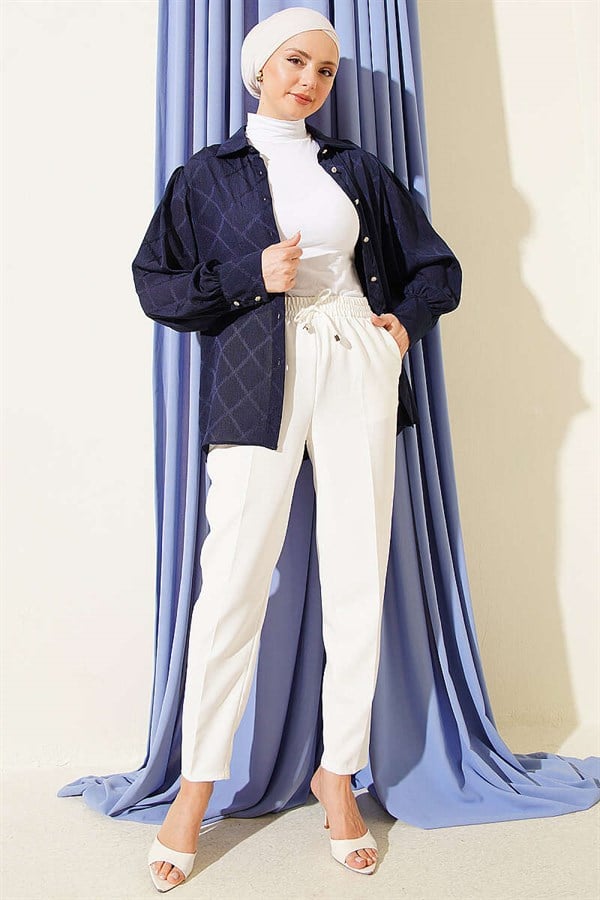 Drawstring Detail Elastic Waist Slim Fit Ecru Trousers