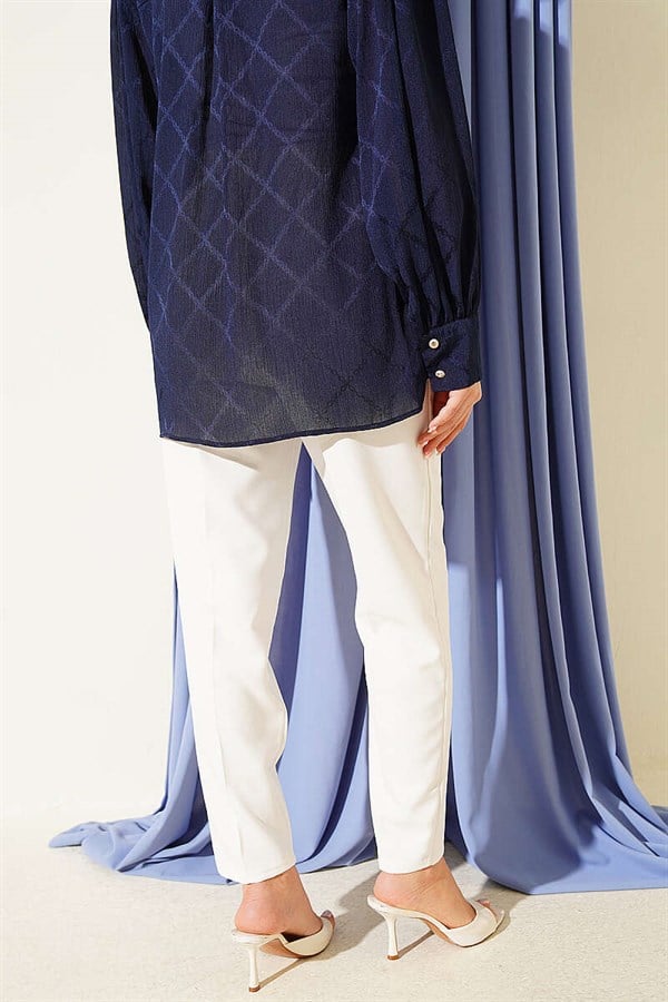 Drawstring Detail Elastic Waist Slim Fit Ecru Trousers