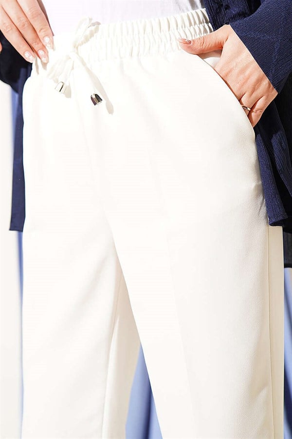 Drawstring Detail Elastic Waist Slim Fit Ecru Trousers
