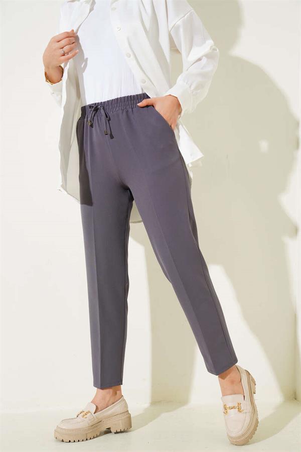 String Detailed Elastic Waist Skinny Leg Smoked Trousers