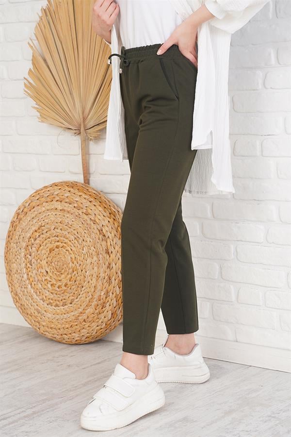 String Detailed Elastic Waist Skinny Leg Khaki Trousers
