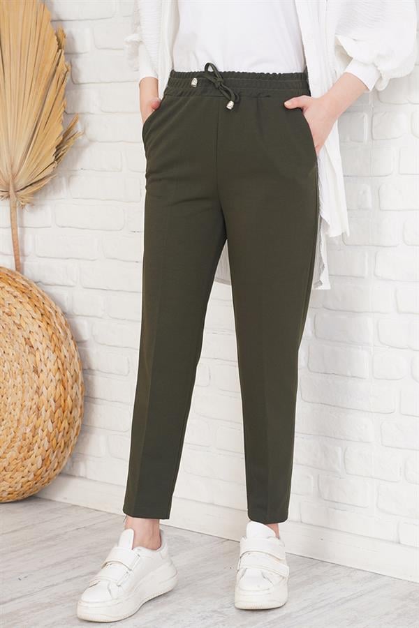 String Detailed Elastic Waist Skinny Leg Khaki Trousers