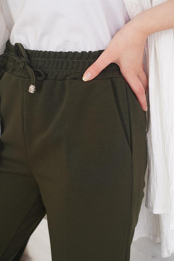 String Detailed Elastic Waist Skinny Leg Khaki Trousers