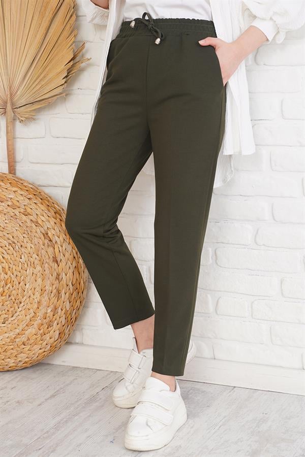 String Detailed Elastic Waist Skinny Leg Khaki Trousers