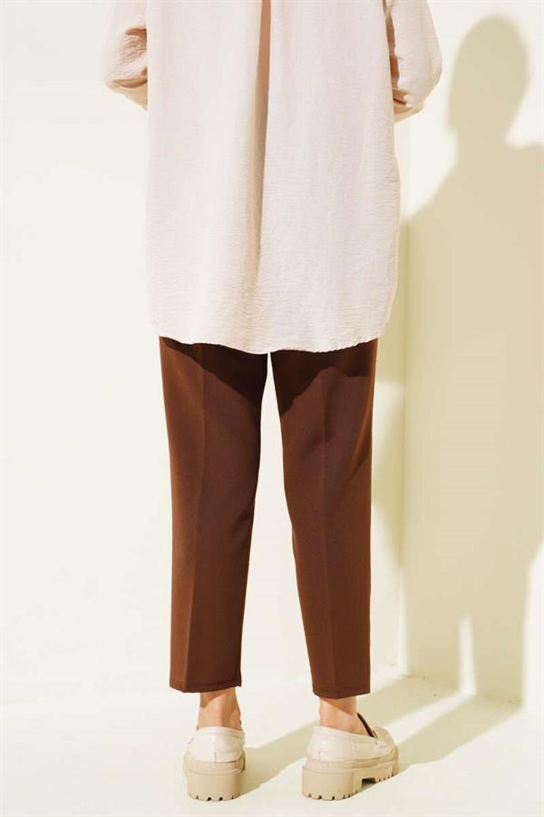 String Detailed Elastic Waist Skinny Leg Brown Trousers