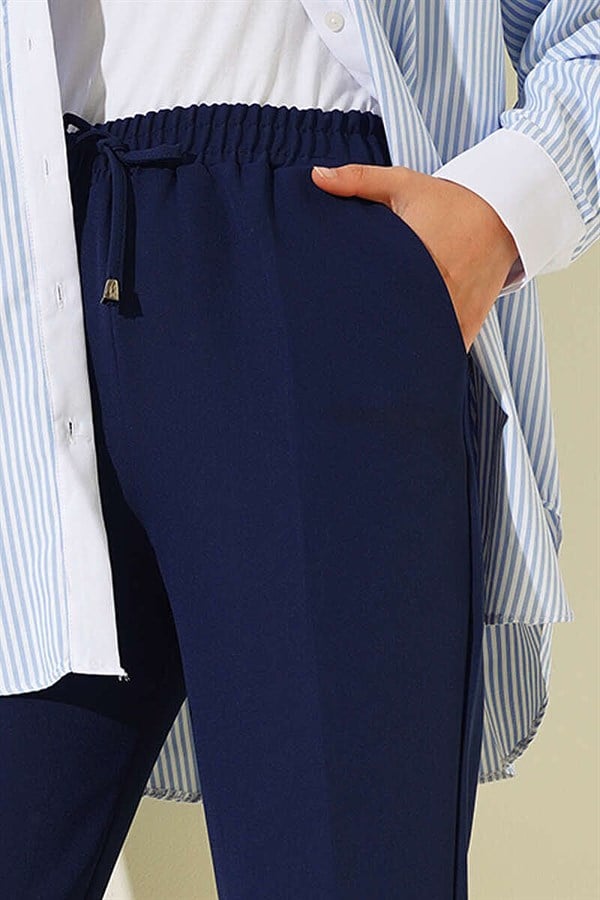 Navy Blue Slim-Fit Trousers with Drawstring Detail and Elastic Waistband