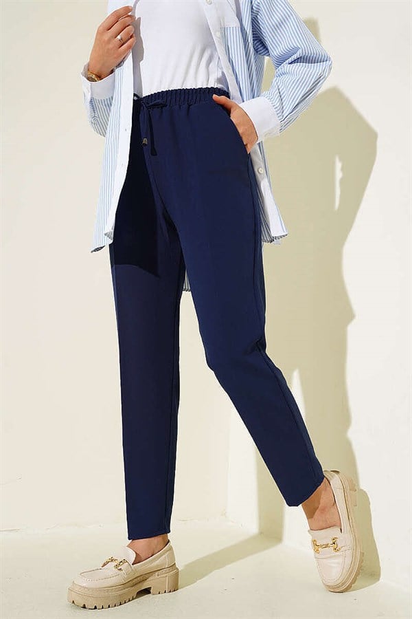 Navy Blue Slim-Fit Trousers with Drawstring Detail and Elastic Waistband