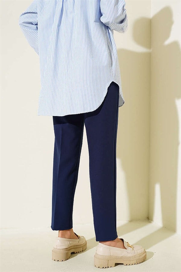 Navy Blue Slim-Fit Trousers with Drawstring Detail and Elastic Waistband