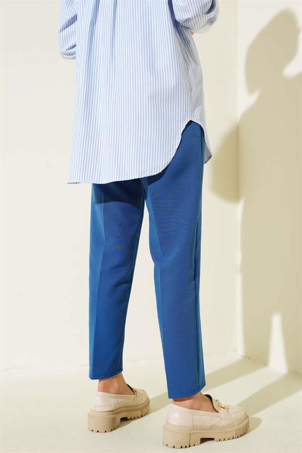 String Detailed Elastic Waist Skinny Leg Persian Blue Trousers