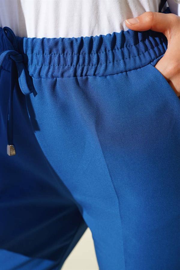 String Detailed Elastic Waist Skinny Leg Persian Blue Trousers