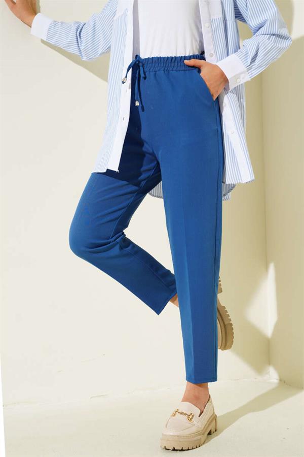 String Detailed Elastic Waist Skinny Leg Persian Blue Trousers