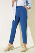 String Detailed Elastic Waist Skinny Leg Persian Blue Trousers