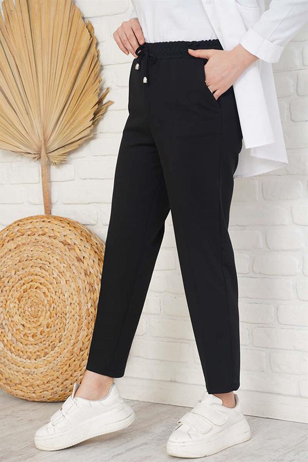 Elastic Waist Skinny Leg Black Trousers with Rope Detail