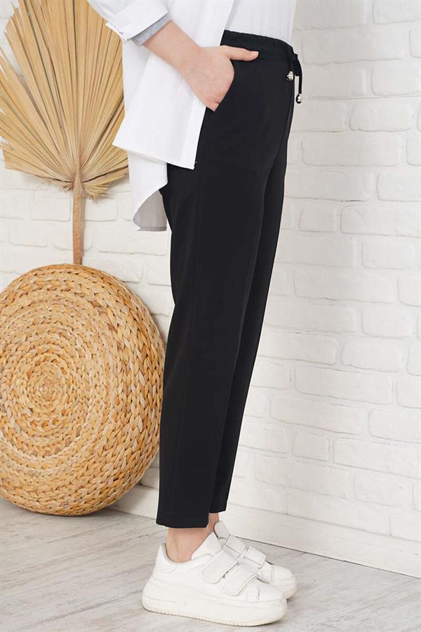 Elastic Waist Skinny Leg Black Trousers with Rope Detail