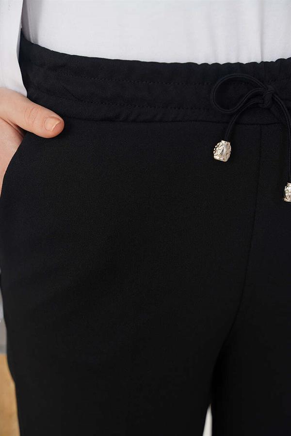 Elastic Waist Skinny Leg Black Trousers with Rope Detail