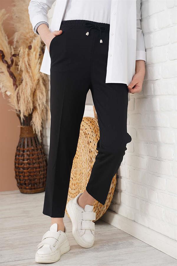 Elastic Waist Skinny Leg Black Trousers with Rope Detail