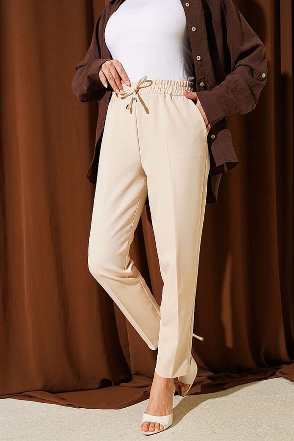 Stone Detail Elastic Waist Slim Fit Trousers