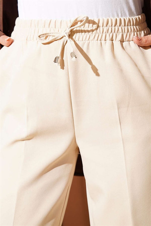 Stone Detail Elastic Waist Slim Fit Trousers